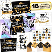16-Pack Foiled, Glittery & Holographic Graduation Cards 2025 – 5x7in Cards with Envelopes & Stickers, 8 Elegant Designs