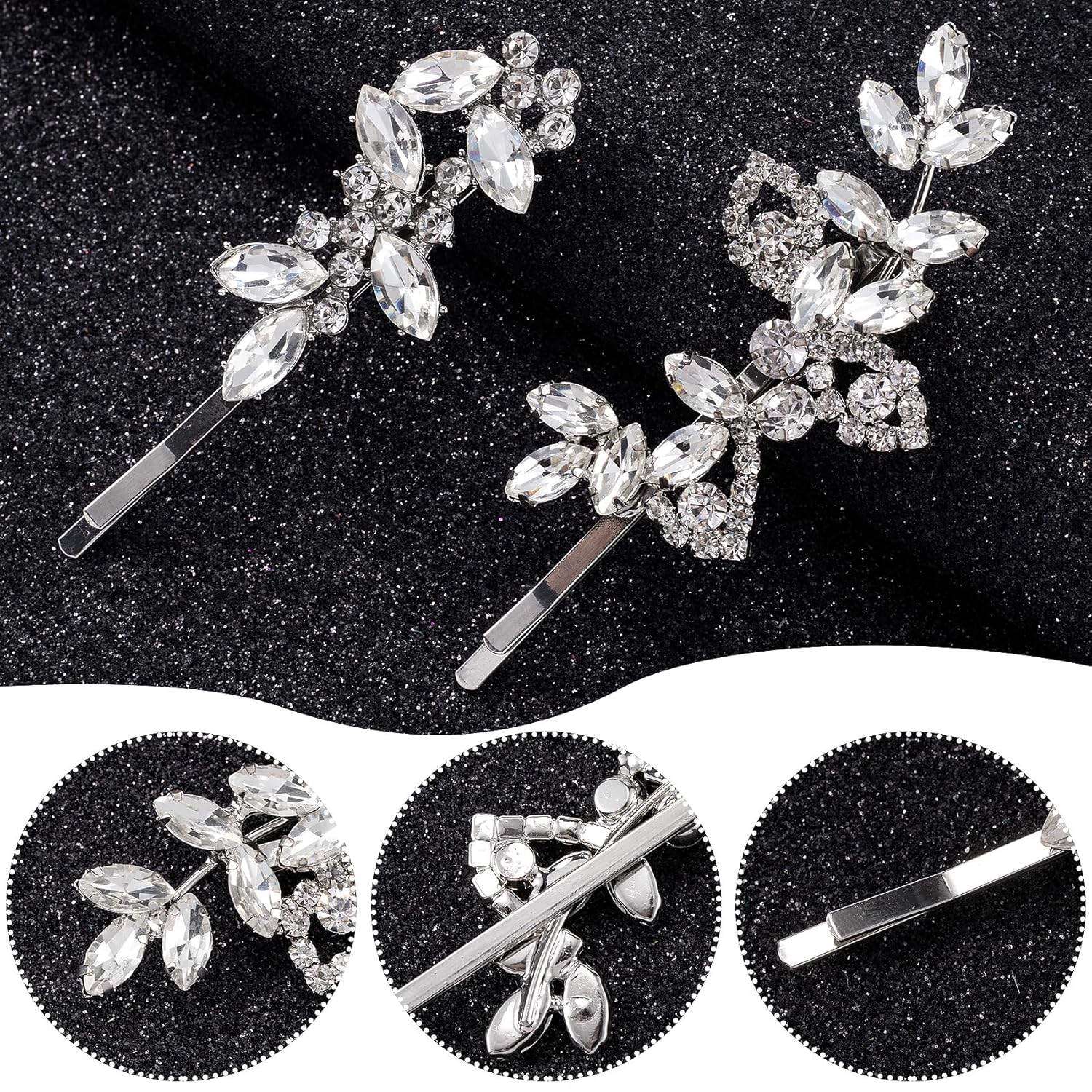 Isslly 4PCS Silver Rhinestones Hair Clips – Bridal Crystal Hair Pins in Leaf Design, French Style Barrettes for Women & Girls