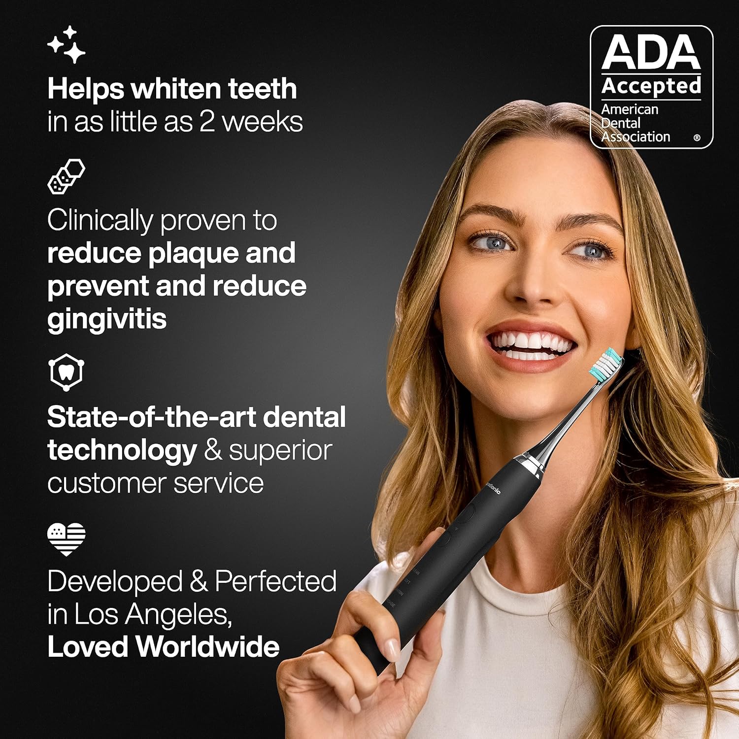 Aquasonic Black Series Ultra Whitening Toothbrush – ADA Accepted Electric Toothbrush with 8 Brush Heads & Travel Case – 40,000 VPM Motor, Wireless Charging, 4 Modes & Smart Timer