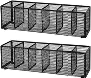 Teling 2 Pcs Mesh Desk Organizer - Black Metal Pen Holder with 6 Compartments, Desktop Stationery Pencil Caddy Basket