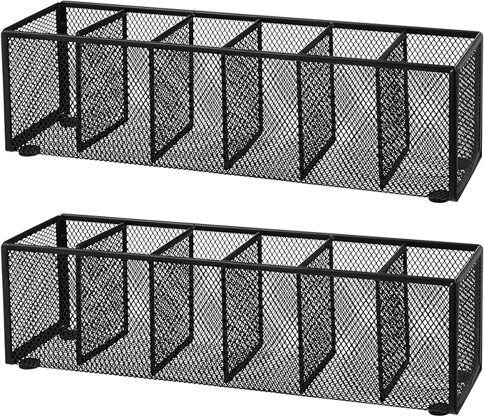 Teling 2 Pcs Mesh Desk Organizer - Black Metal Pen Holder with 6 Compartments, Desktop Stationery Pencil Caddy Basket