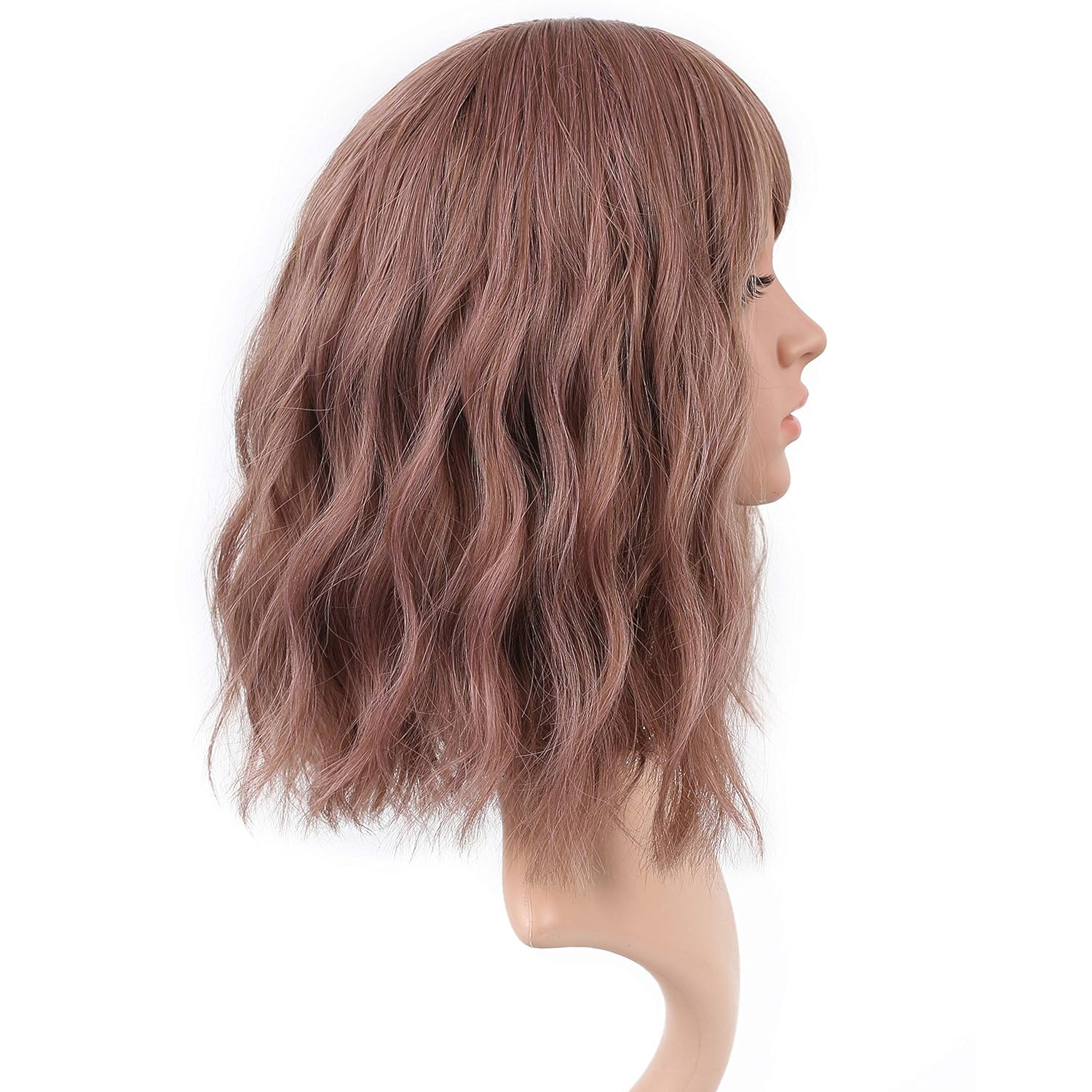 VCKOVCKO 12" Rattan Short Natural Wavy Wig with Air Bangs – Shoulder Length Curly Cosplay Synthetic Bob Wig for Women and Girls