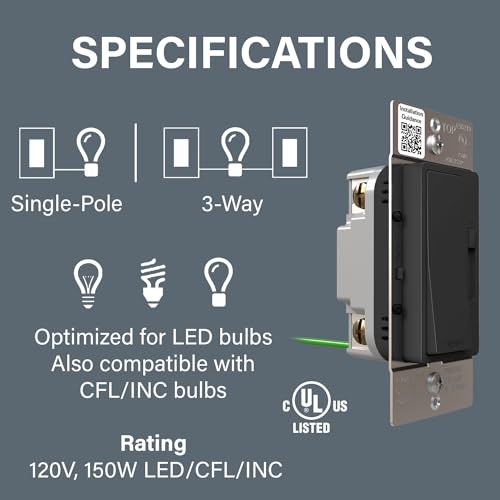 Radiant 150W Rocker Dimmer – 3-Way/1-Pole Dimmer Switch for LED, CFL, Halogen, and Incandescent Bulbs – Polycarbonate