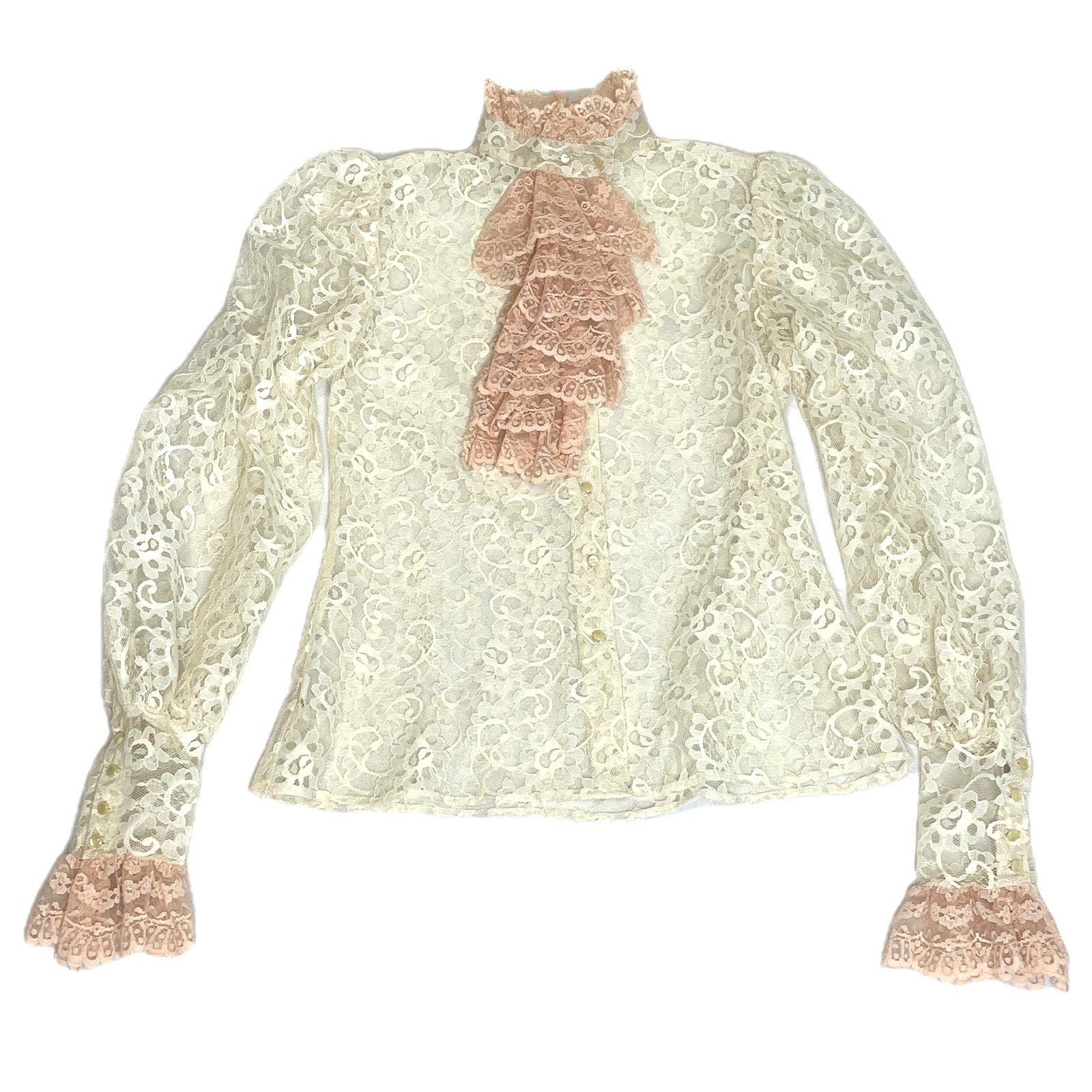 Lord & Taylor Vintage 1980s Cascade Collar Lace Blouse Pearl Buttons Women Small