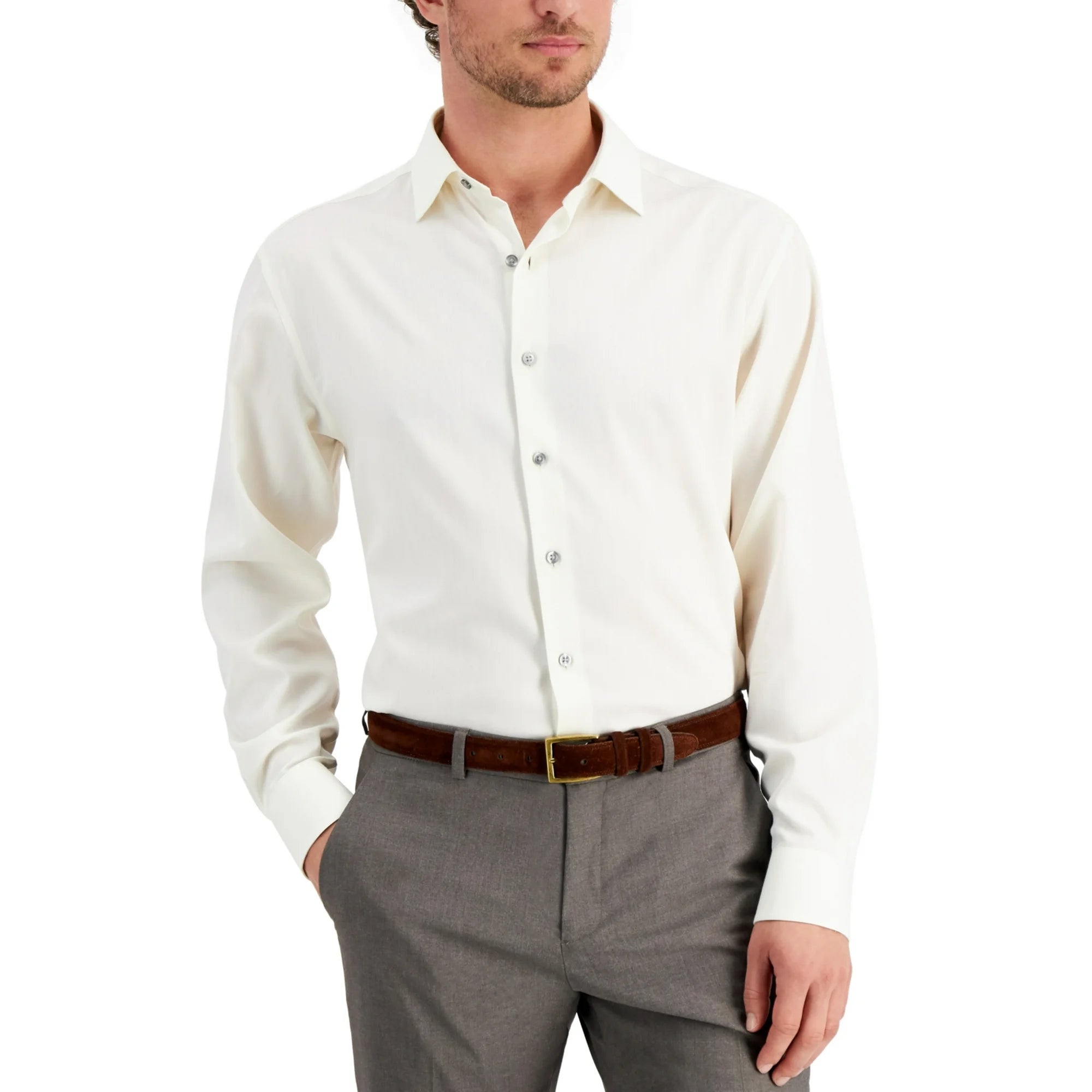 Alfani Men's Regular Fit 2-Way Stretch Herringbone Dress Shirt – Tan, Size 18-18.5, 34/35