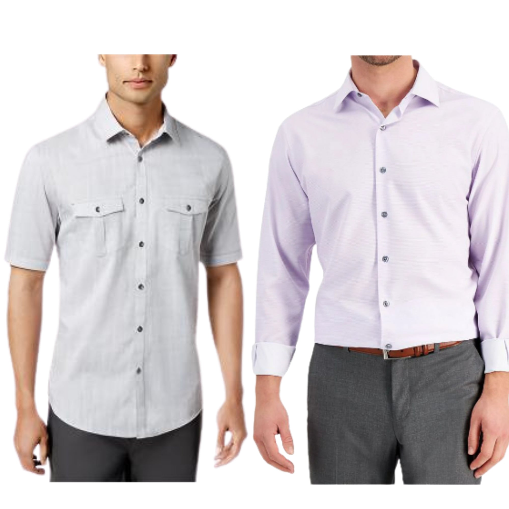 Alfani Men’s Shirt Bundle – Light Gray Short Sleeve + Purple Slim Fit Geo Dress Shirt – 2-Pack - Size Small