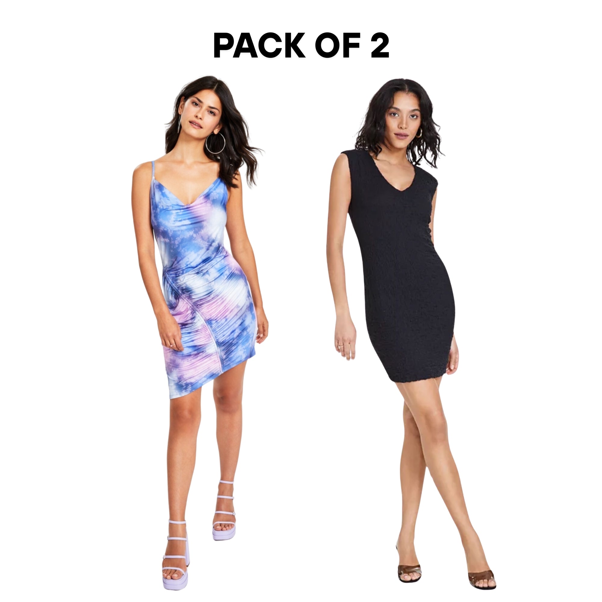 Bar III Women’s Mini Dress Bundle – 2-Pack – Size XXS – Tie-Dye & Black Textured Styles