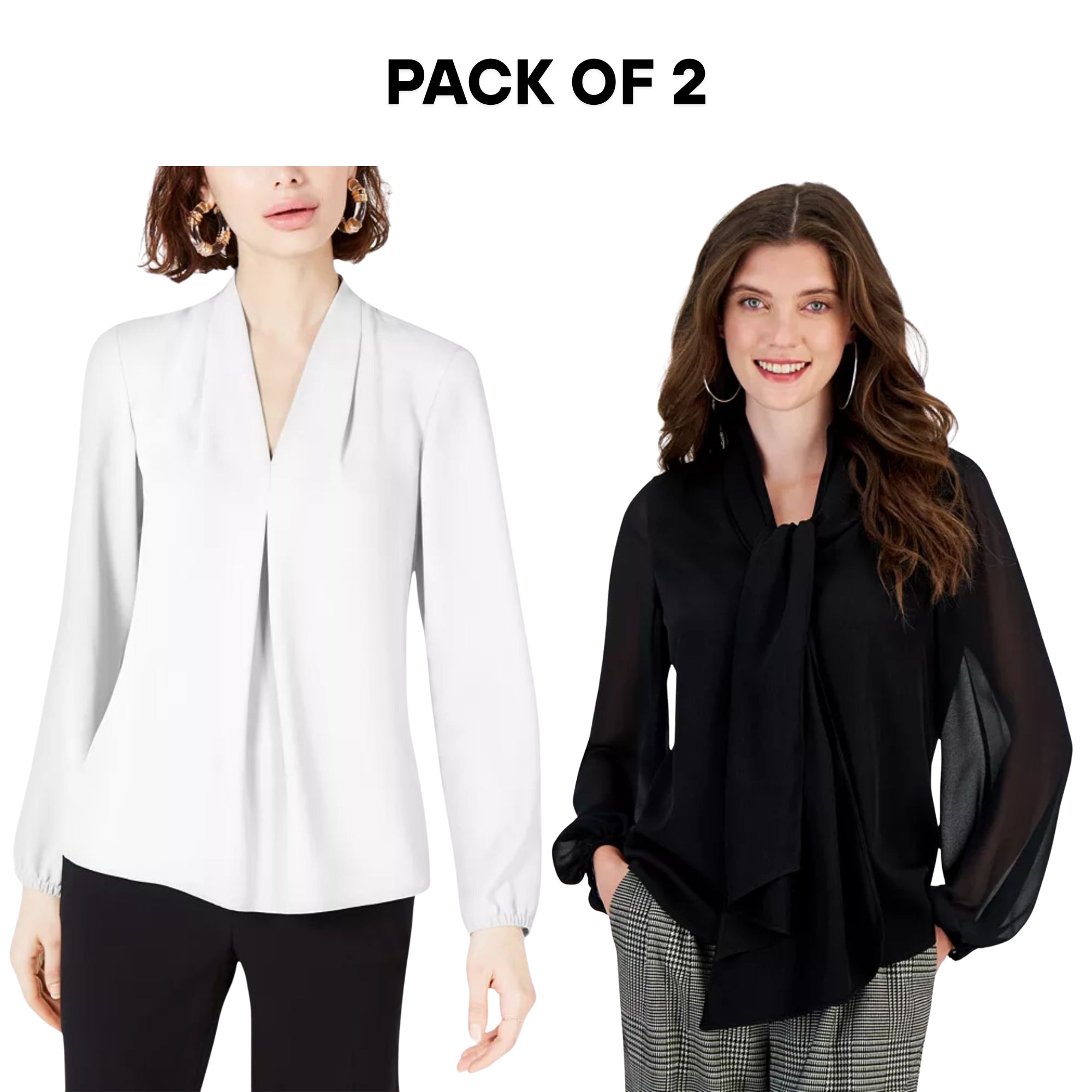 Bar III Women’s Blouse Bundle – 2-Pack – Size XXS – White Pleat & Black Sheer Tops