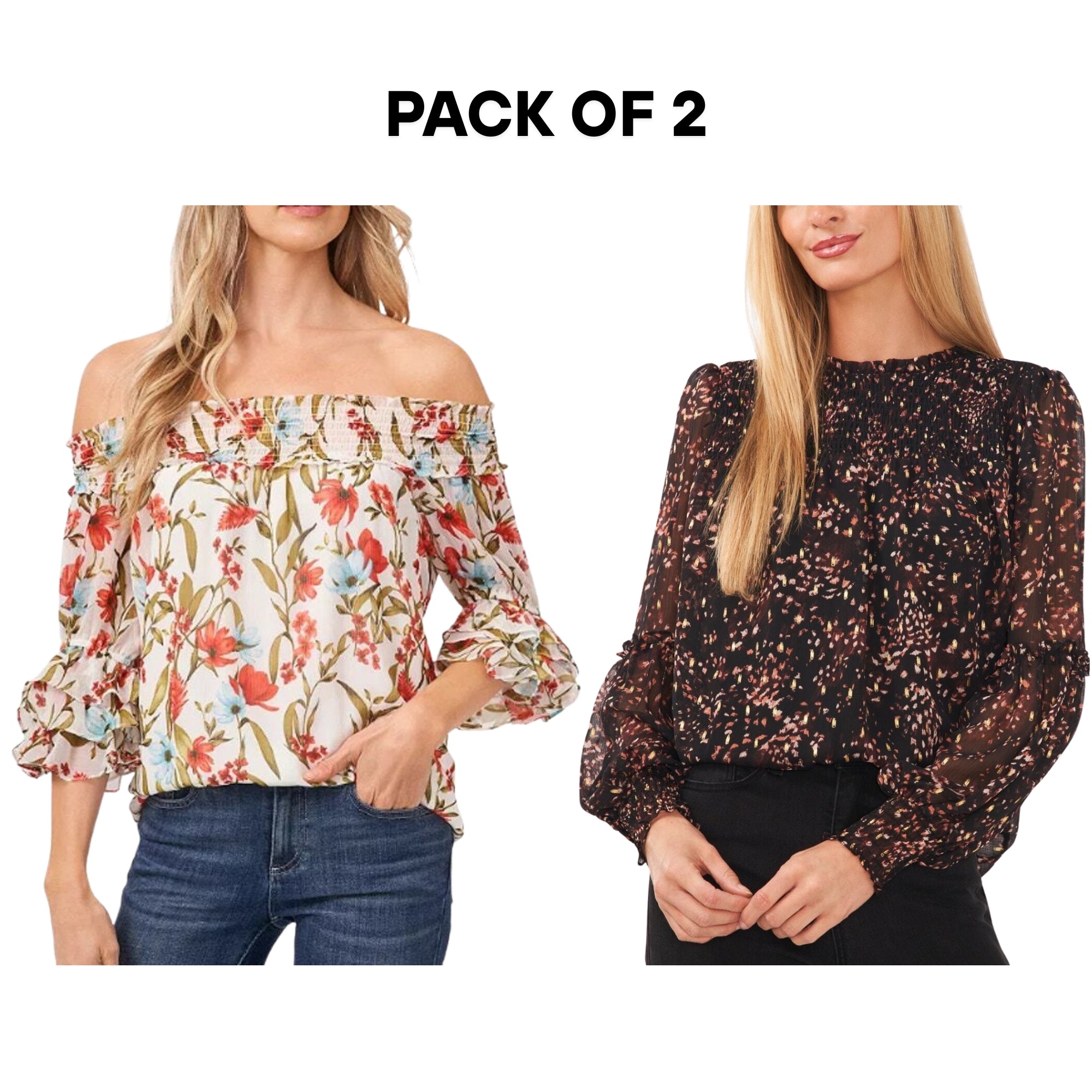 CeCe Women’s Blouse Bundle – 2-Pack – Size XS – Floral Off-Shoulder & Black Smocked Tops
