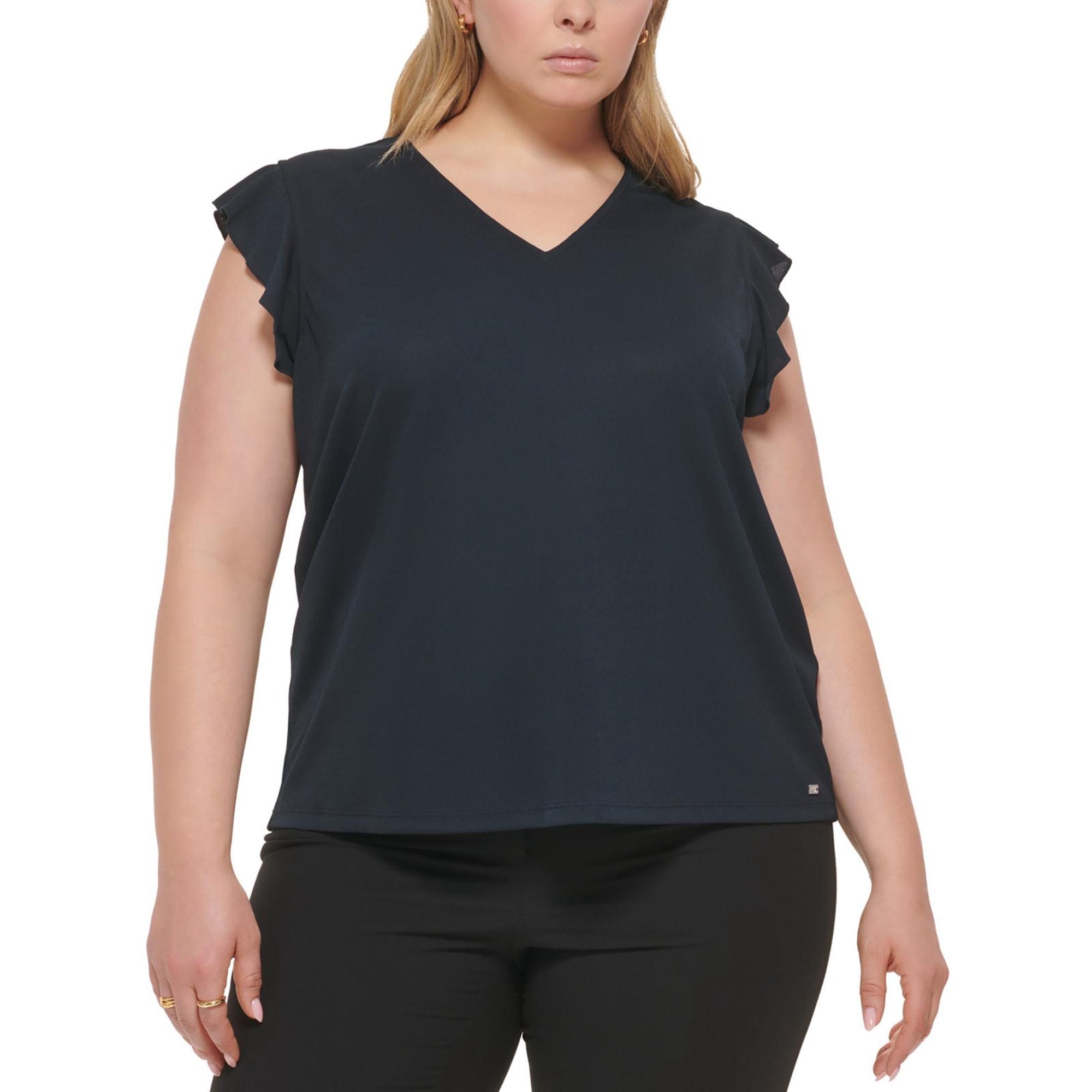 Calvin Klein Plus Size Ruffle-Sleeve V-Neck Top - Size 1X