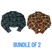 2-Pack Bundle – Arizona Women's Juniors Cropped Flannel Tops – Gray & Orange – Size Large