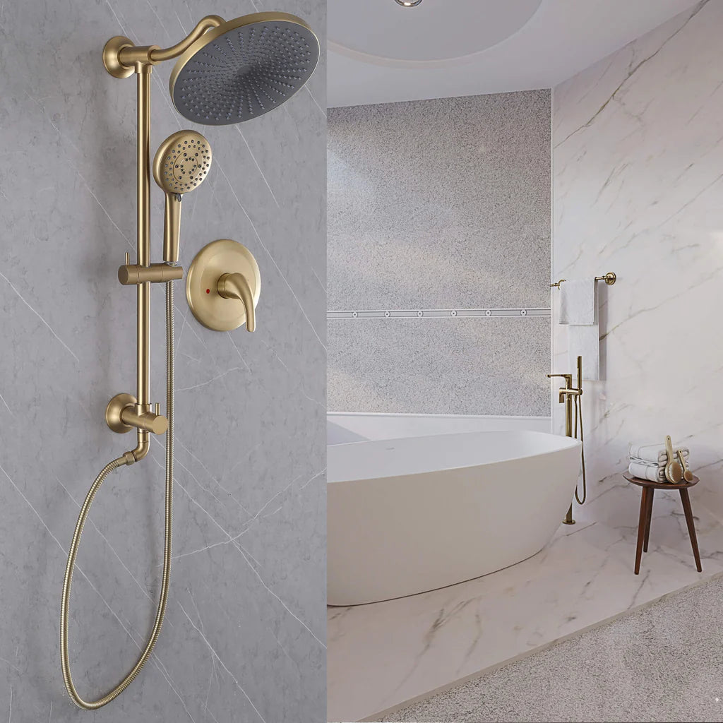 Rbrohant Dual Wall Mounted Rain Shower Head and Handheld Kit, 5-Setting Rain Shower Faucet – Brushed Gold