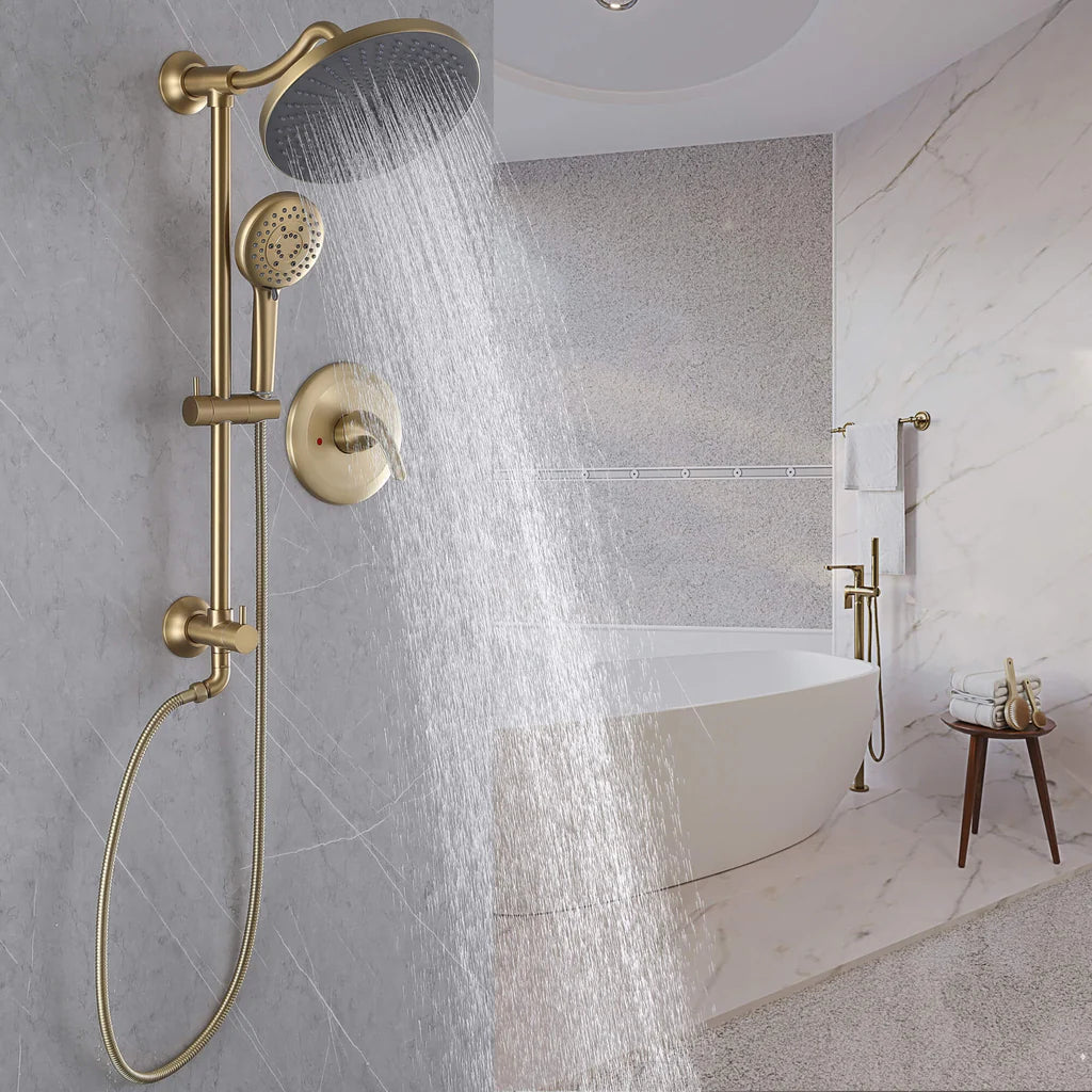 Rbrohant Dual Wall Mounted Rain Shower Head and Handheld Kit, 5-Setting Rain Shower Faucet – Brushed Gold