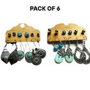 6-Pack Bundle – Bohemian Silver Drop Dangle Earrings with Turquoise Accents – Pierced, Hypoallergenic