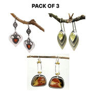 3-Pack Bundle – Retro Dangle Earrings Silvery Heart & Rose, Geometric Multi-Stone, Antique Carved Bead – Drop Style