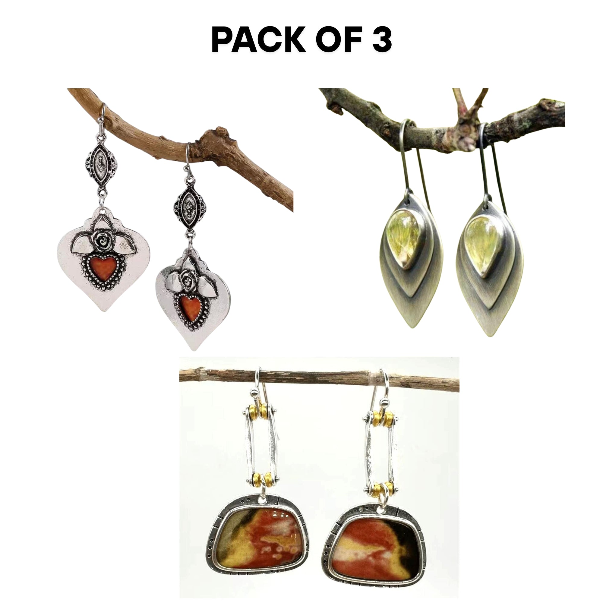 3-Pack Bundle – Retro Dangle Earrings Silvery Heart & Rose, Geometric Multi-Stone, Antique Carved Bead – Drop Style