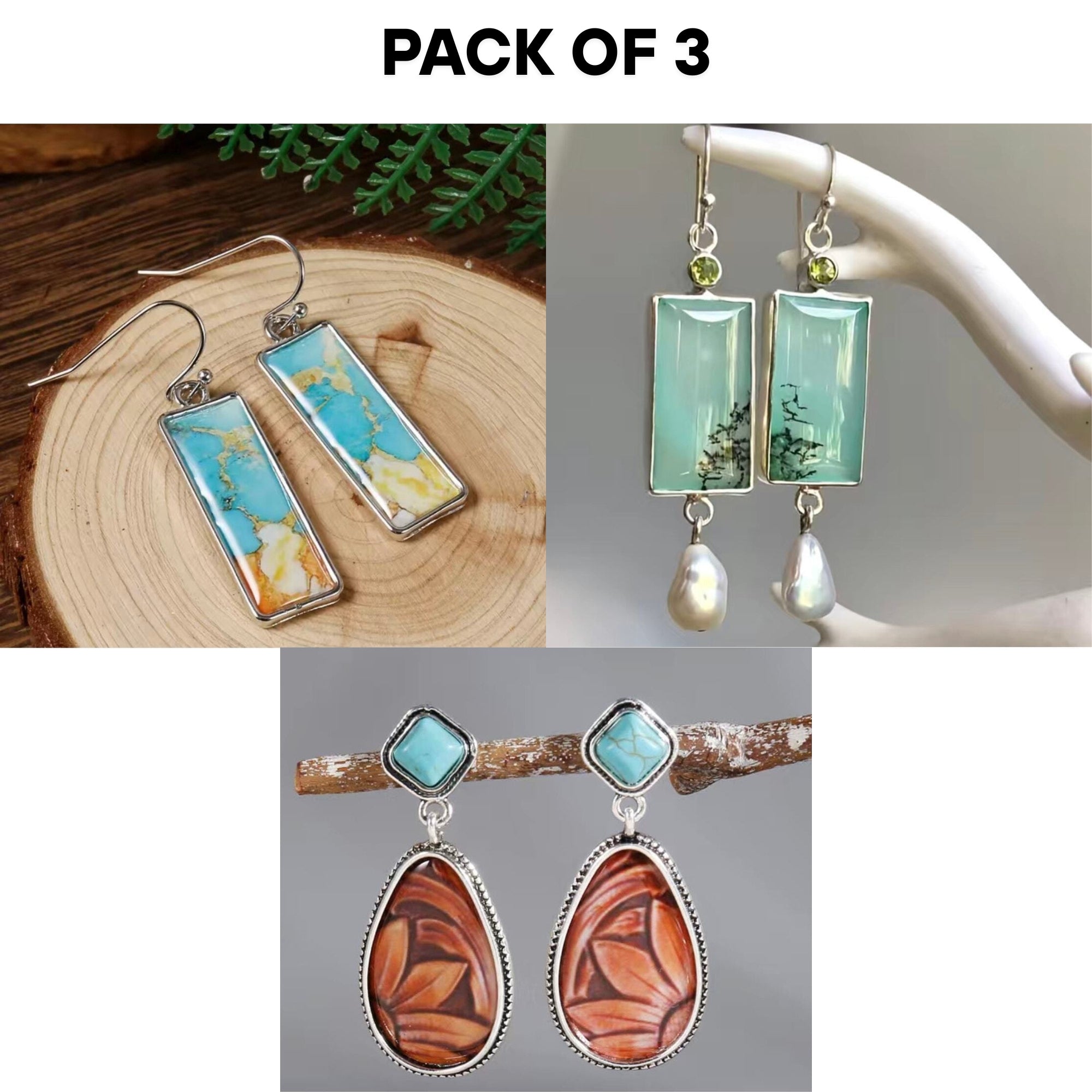 3-Pack Bundle – Vintage Boho Dangle Earrings Set: Blue Stone, Opal Pearl-Like, & Wooden Sunflower Carved Gems – Drop Style