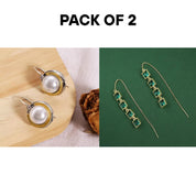 2-Pair Bundle – Vintage Boho Dangle Earrings – Silver Pearl & 14K Gold Green Zircon