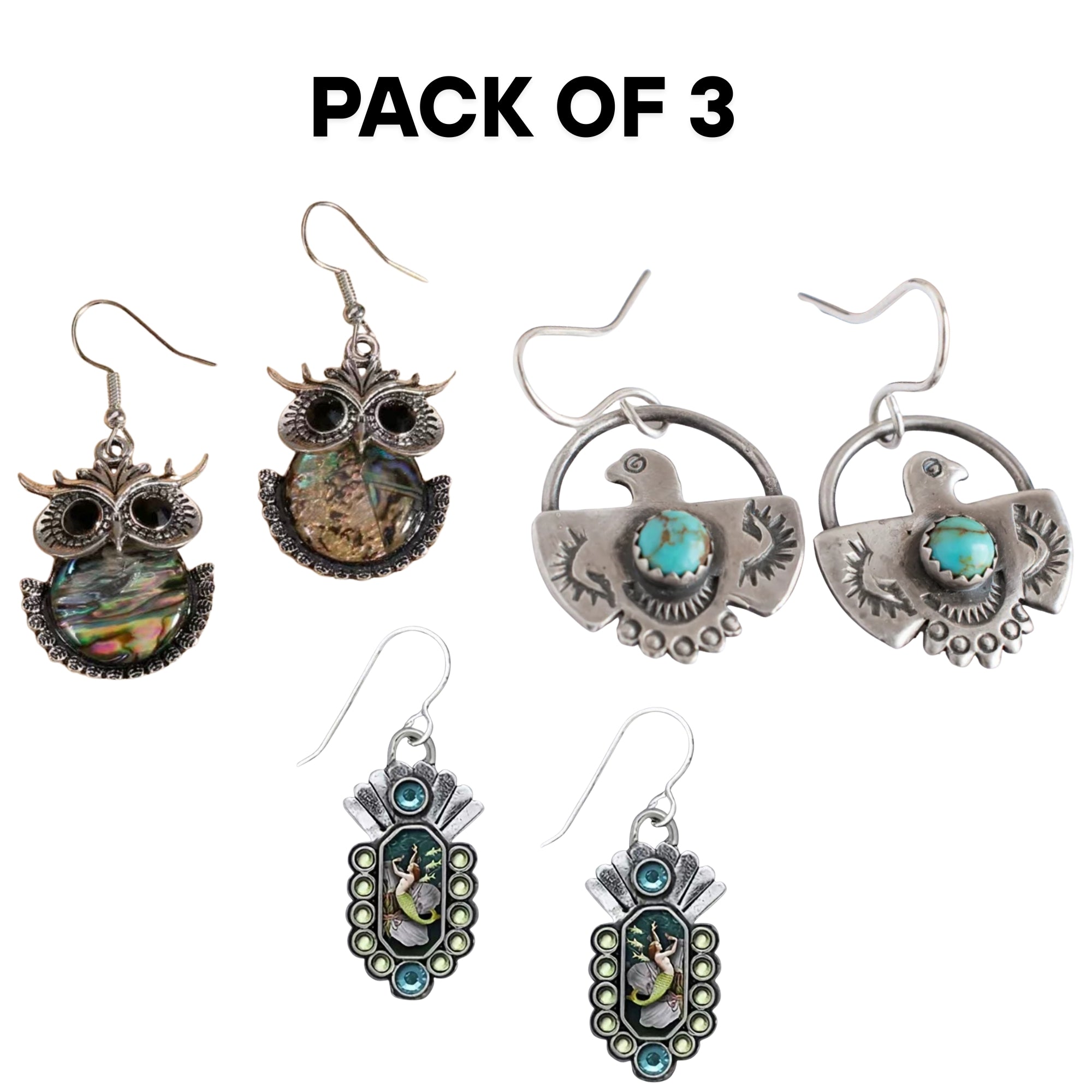 Bohemian Dangle Earrings Bundle – 3-Pack – Vintage Owl, Eagle Turquoise & Mermaid Zircon Designs