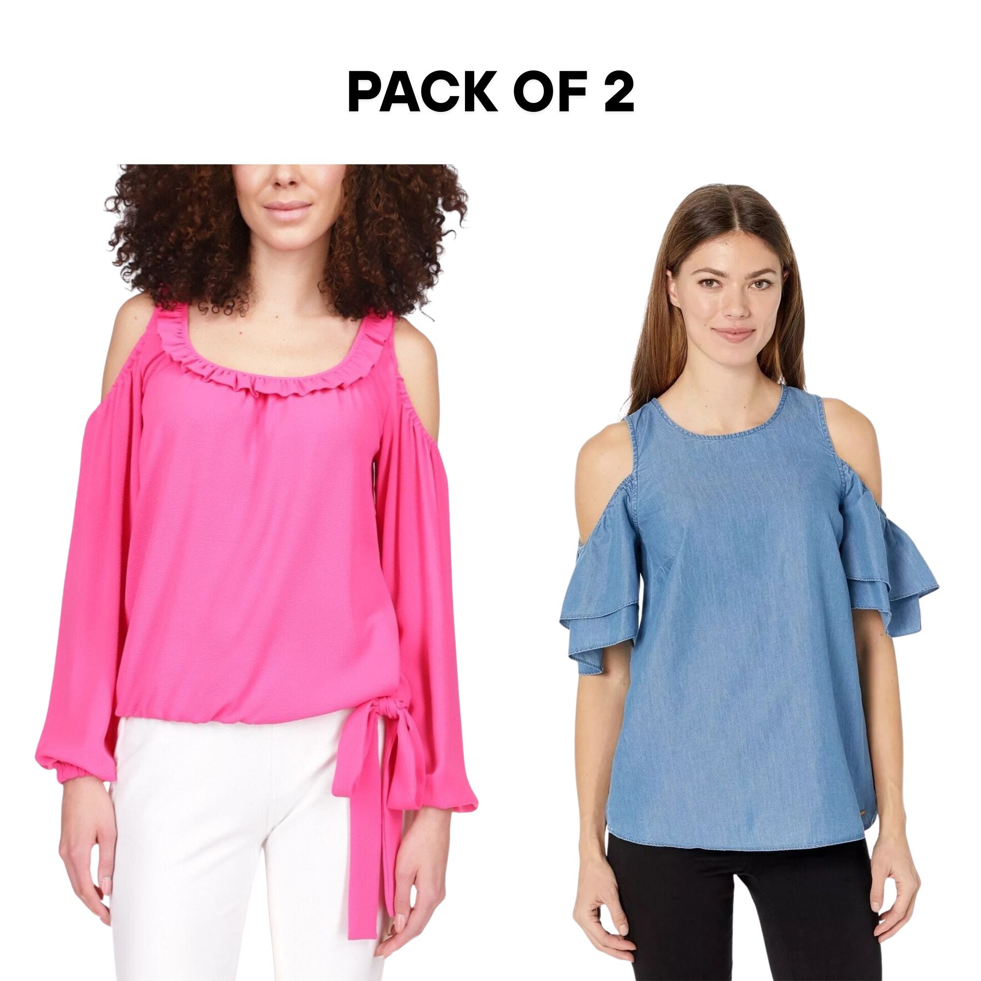 Michael Kors Women’s Cold-Shoulder Blouse Bundle – 2-Pack – Size XS – Pink & Denim Blue Tops