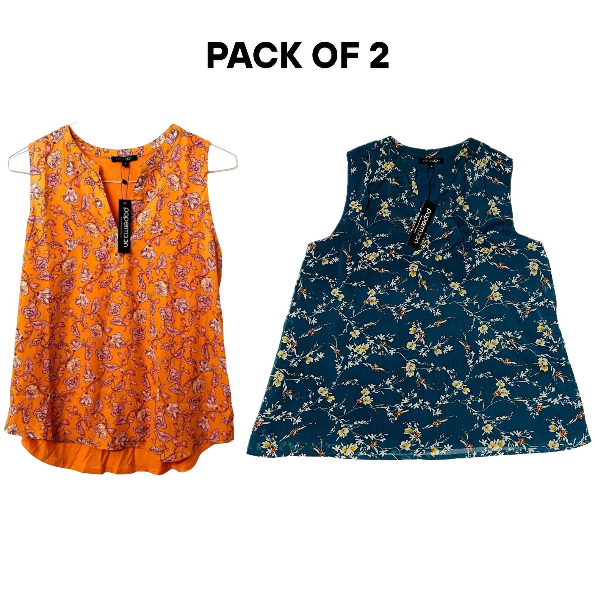 Papermoon Women’s Floral V-Neck Tops Bundle – 2-Pack – Sleeveless & Lined Sleeve – Size M – Orange/Blue