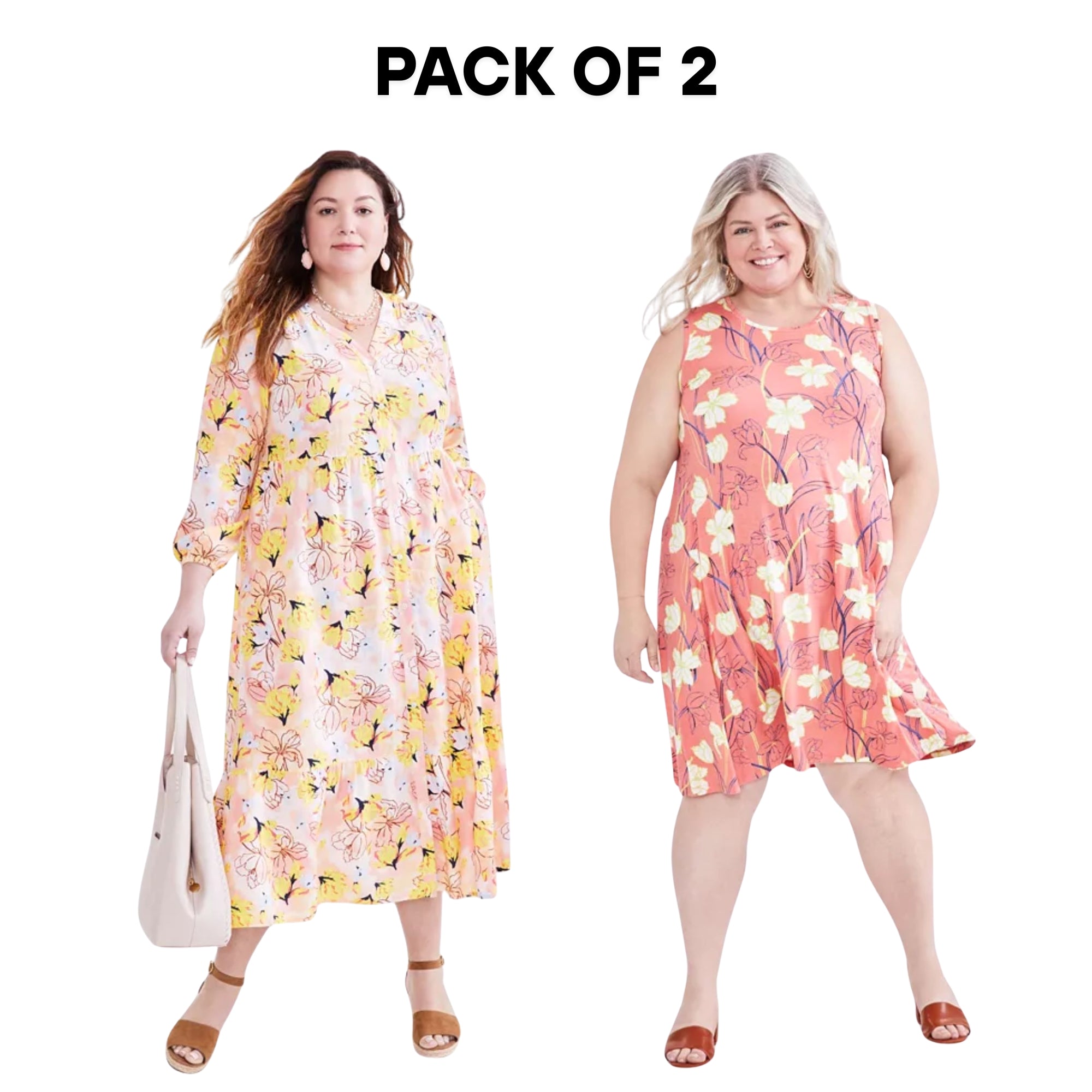 Style & Co Plus Size Floral Dress Bundle – 2-Pack – Size 2X – Pink & Coral Maxi & Sleeveless Styles