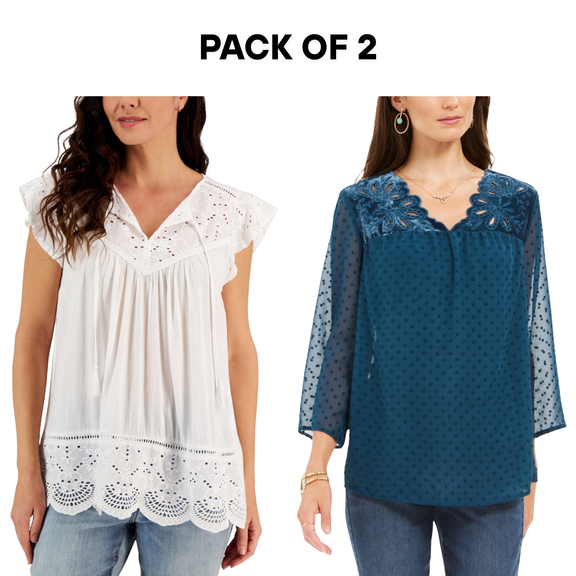 Style & Co Women's Mixed-Media Tops Bundle – 2-Pack – Lace & Sheer Sleeve – Size M – White/Green