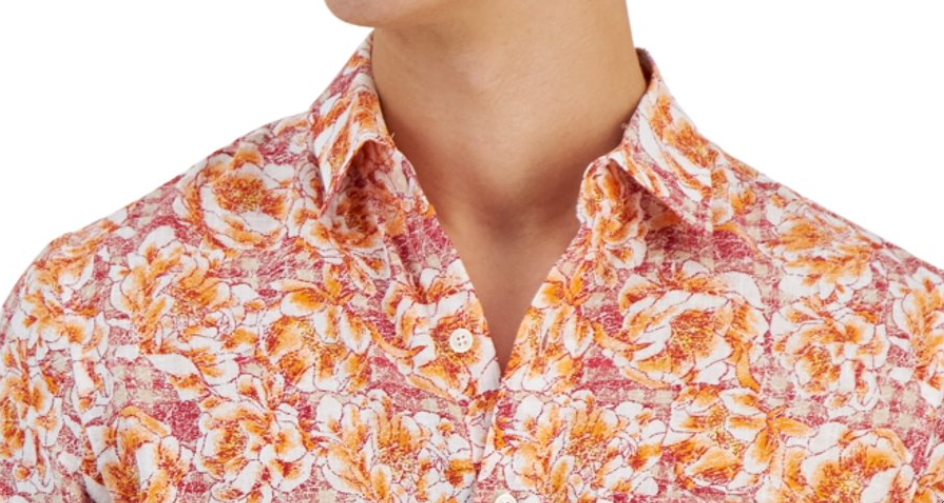 Club Room Linen Short Sleeve Mens Button Down Shirt, Red - Small