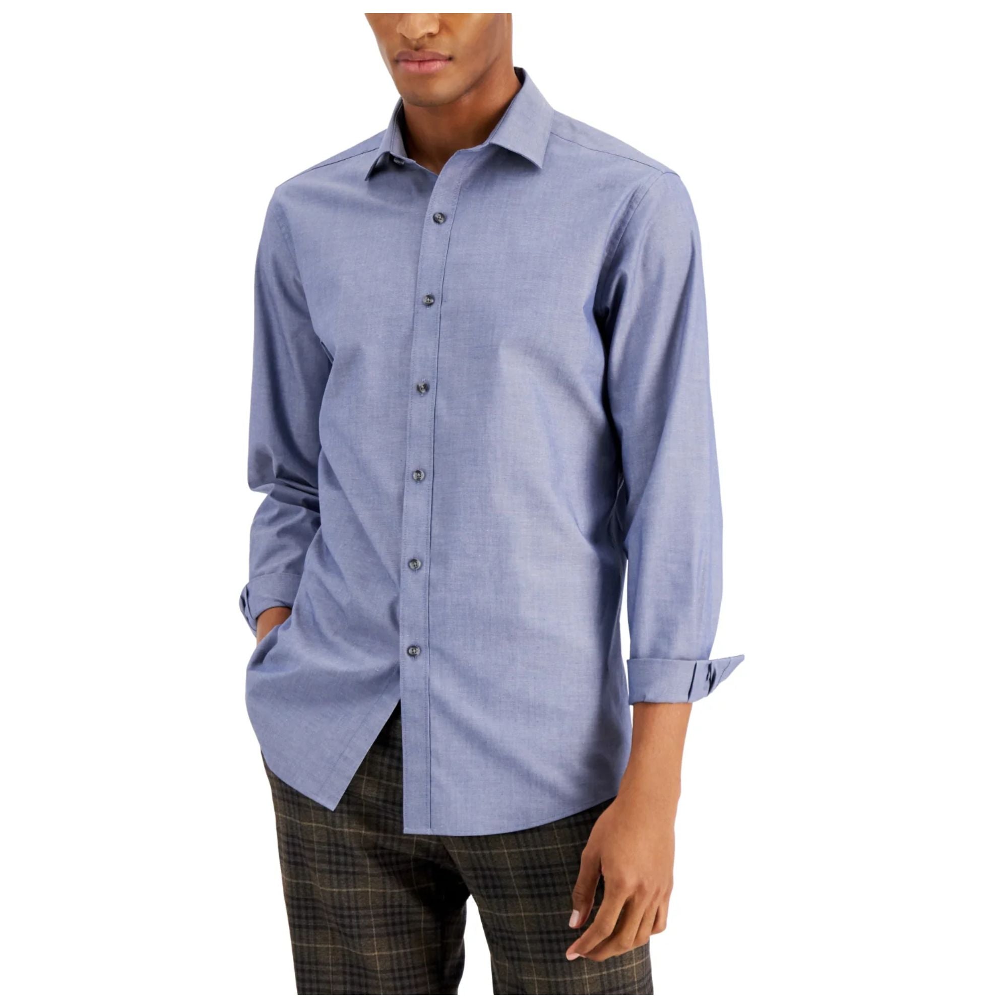 Bar III Men's Organic Cotton Collared Dark Indigo Button-Down Shirt - Size Small