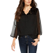 Style & Co Women S Mixed-Media Sheer-Sleeve Blouse Black Size - Large
