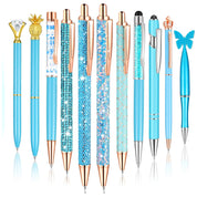 Estune 11-Piece Diamond Ballpoint Pens – Glitter Liquid Sand Crystal Pens for Women, Blue Ink, Metal Body (Blue)