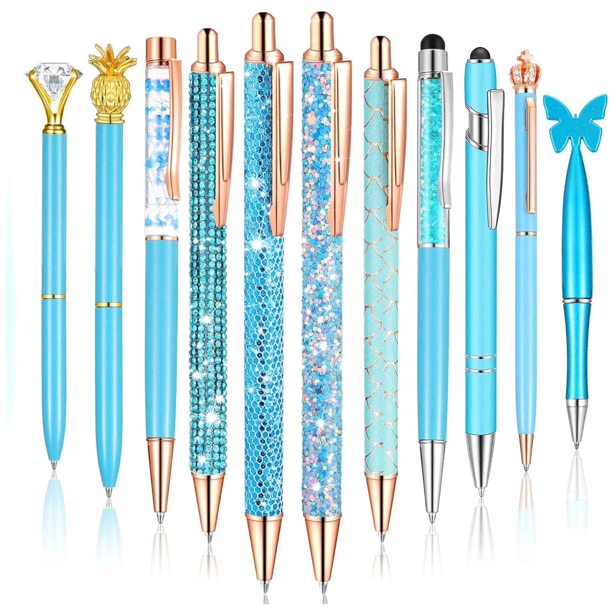 Estune 11-Piece Diamond Ballpoint Pens – Glitter Liquid Sand Crystal Pens for Women, Blue Ink, Metal Body (Blue)
