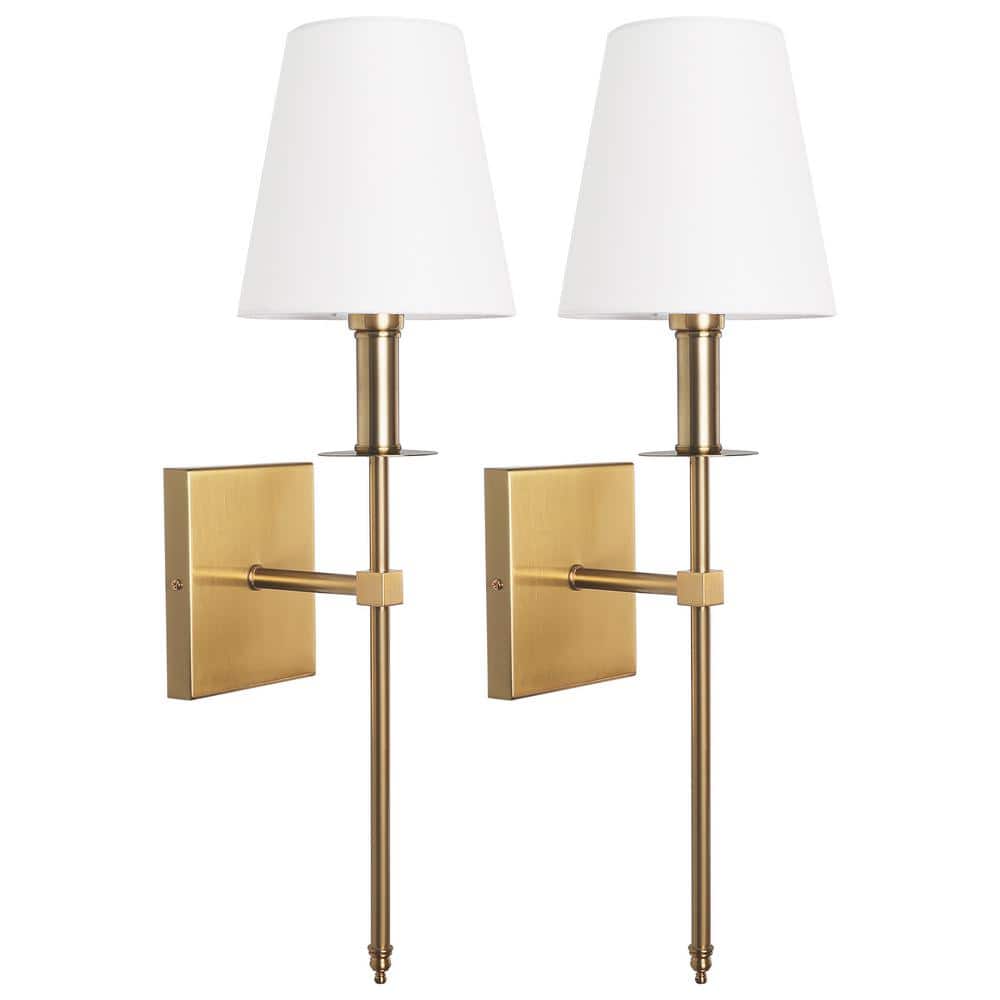 Bathroom Wall Lights (2 Pack) Modern Gold Sconce with White Fabric Shade