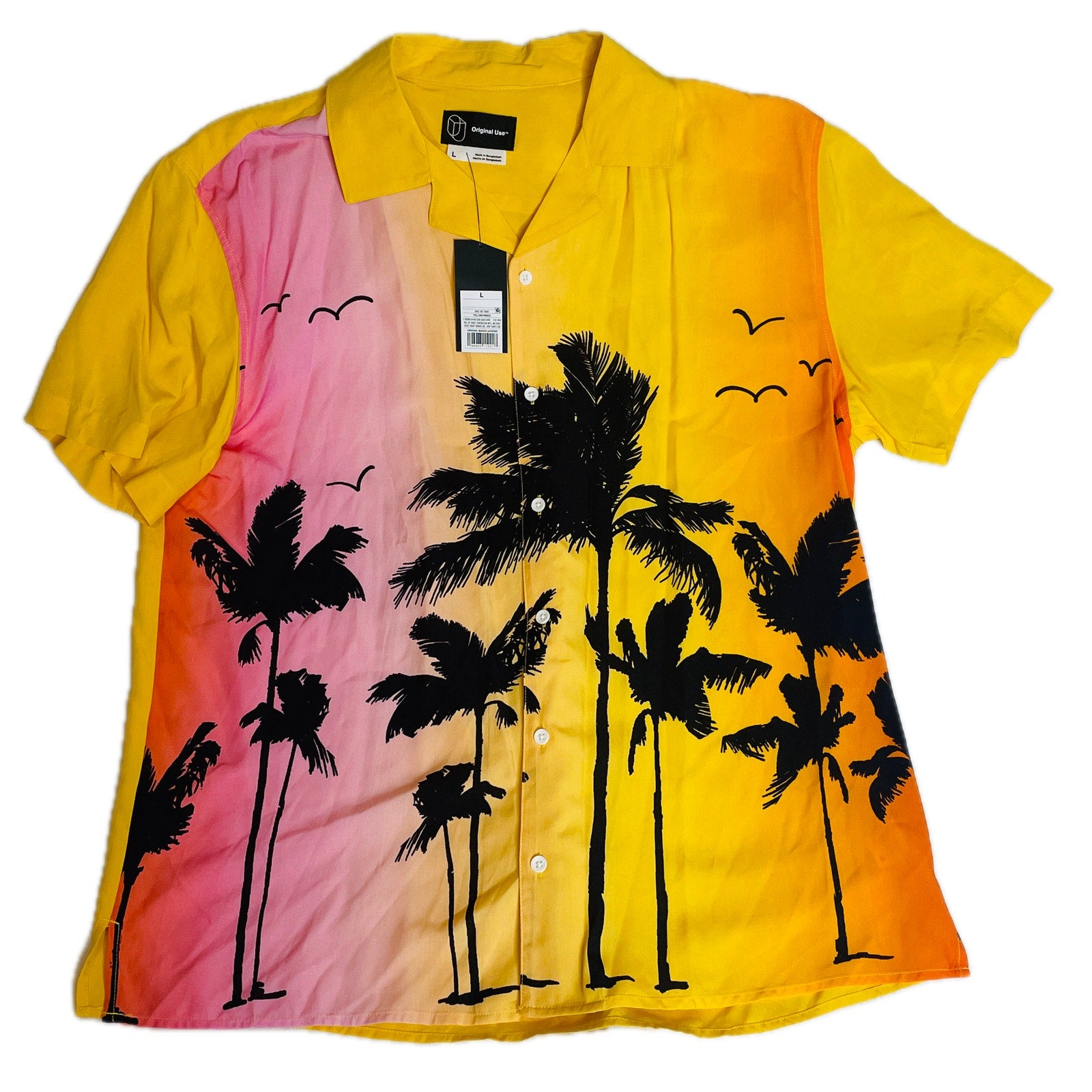 Original Use Men's Tropical Short Sleeve Button-Down Shirt – Palm Trees Ombre, Large