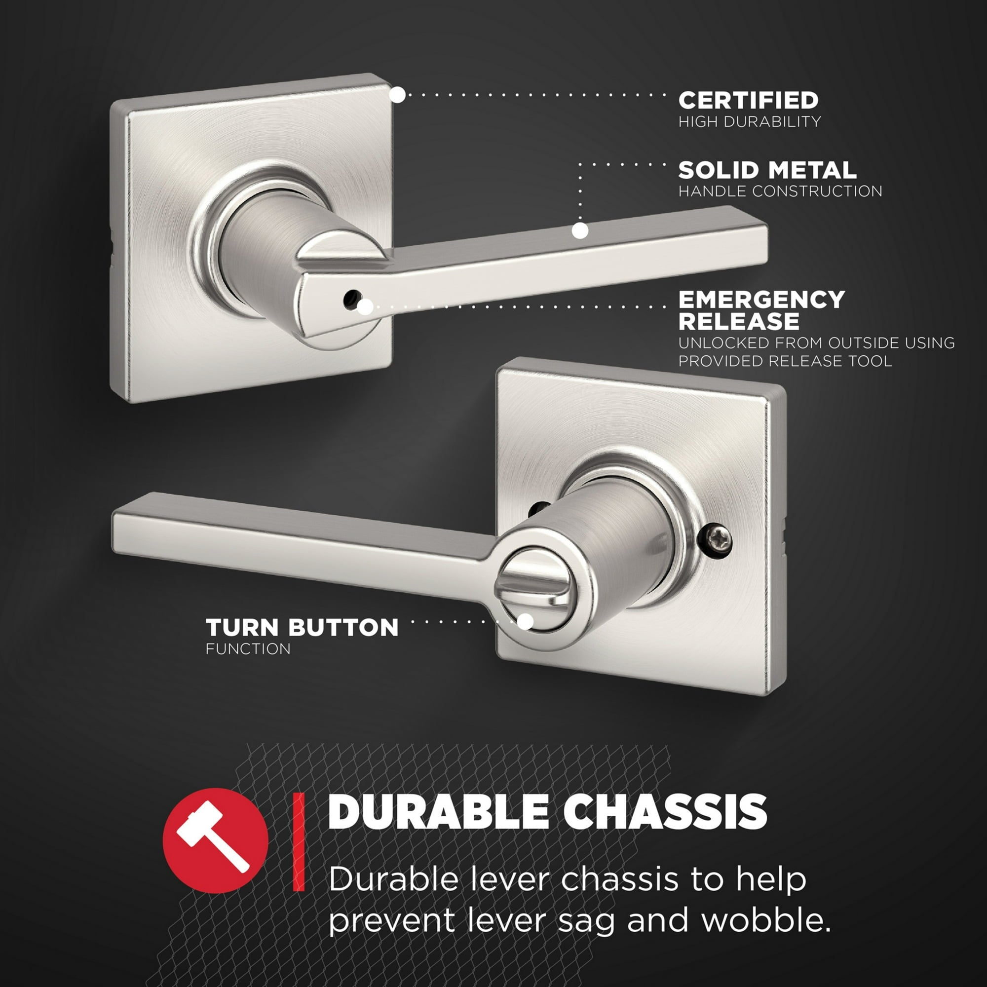 Kwikset Casey Square Privacy Lever Set – Satin Nickel – 2 Levers