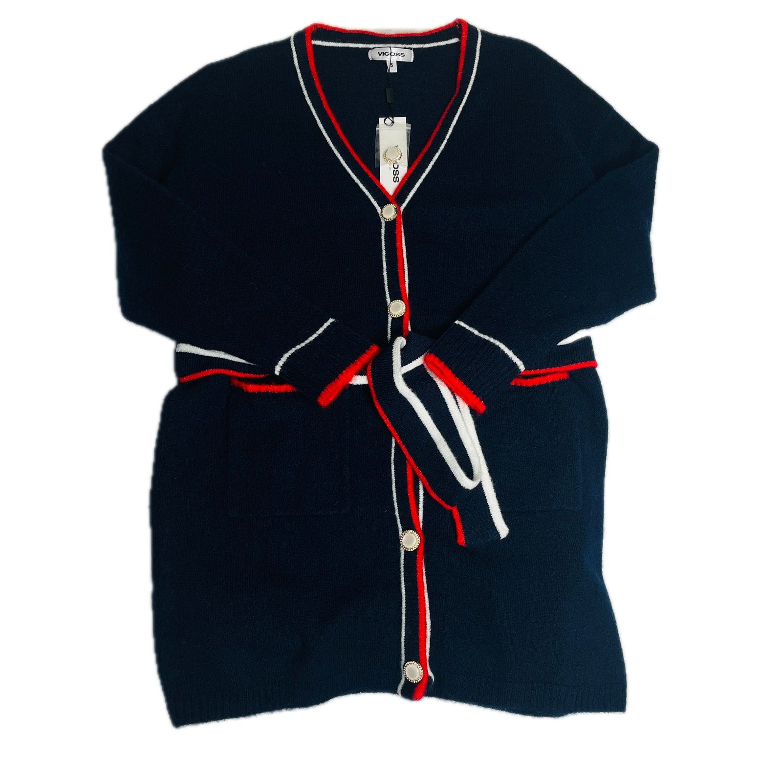 Vigoss Women's Long Retro Cardigan with Pockets & Trendy Buttons – Blue, Small