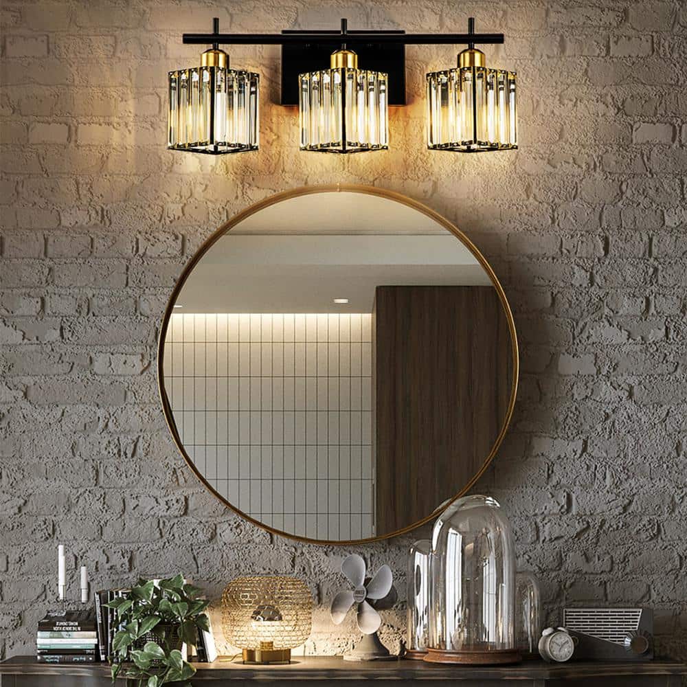 GoYeel 20.28 in. Modern Black & Gold Bathroom Vanity Light – 3-Light Square Crystal Glass