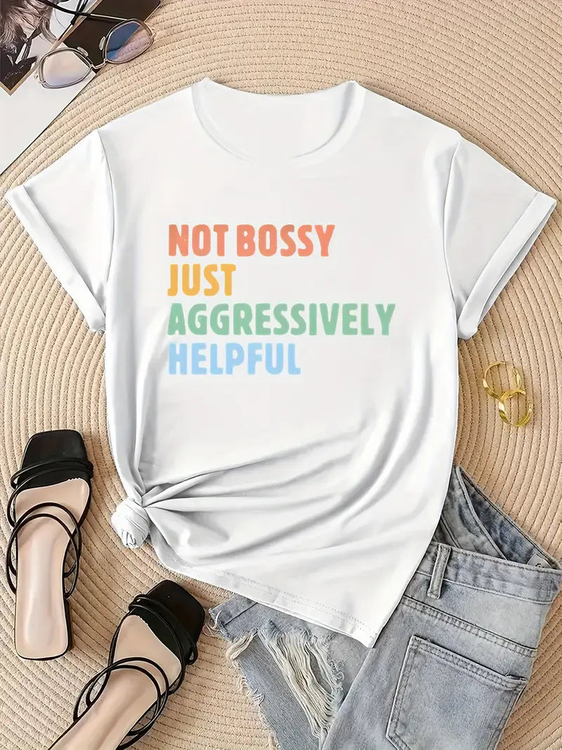 Women's Casual Sporty T-Shirt with Unique Letter Print - Size 9, Gray Green