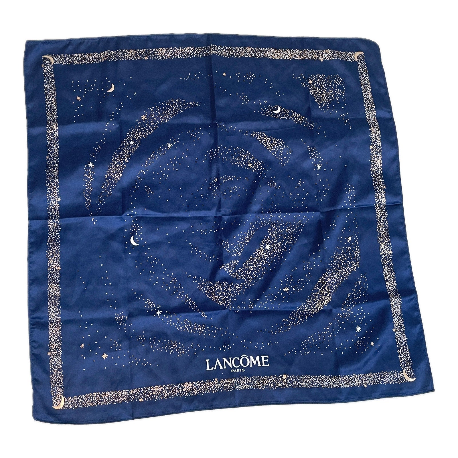 New Lancome Silk Scrarf 21"x21" Galaxy Night Moon Stars, Navy