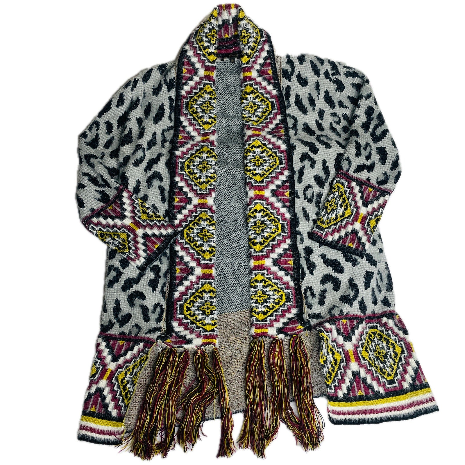 MaxSport Women's Aztec Tribal Print Cardigan Sweater with Fringe – Multi, Size Large