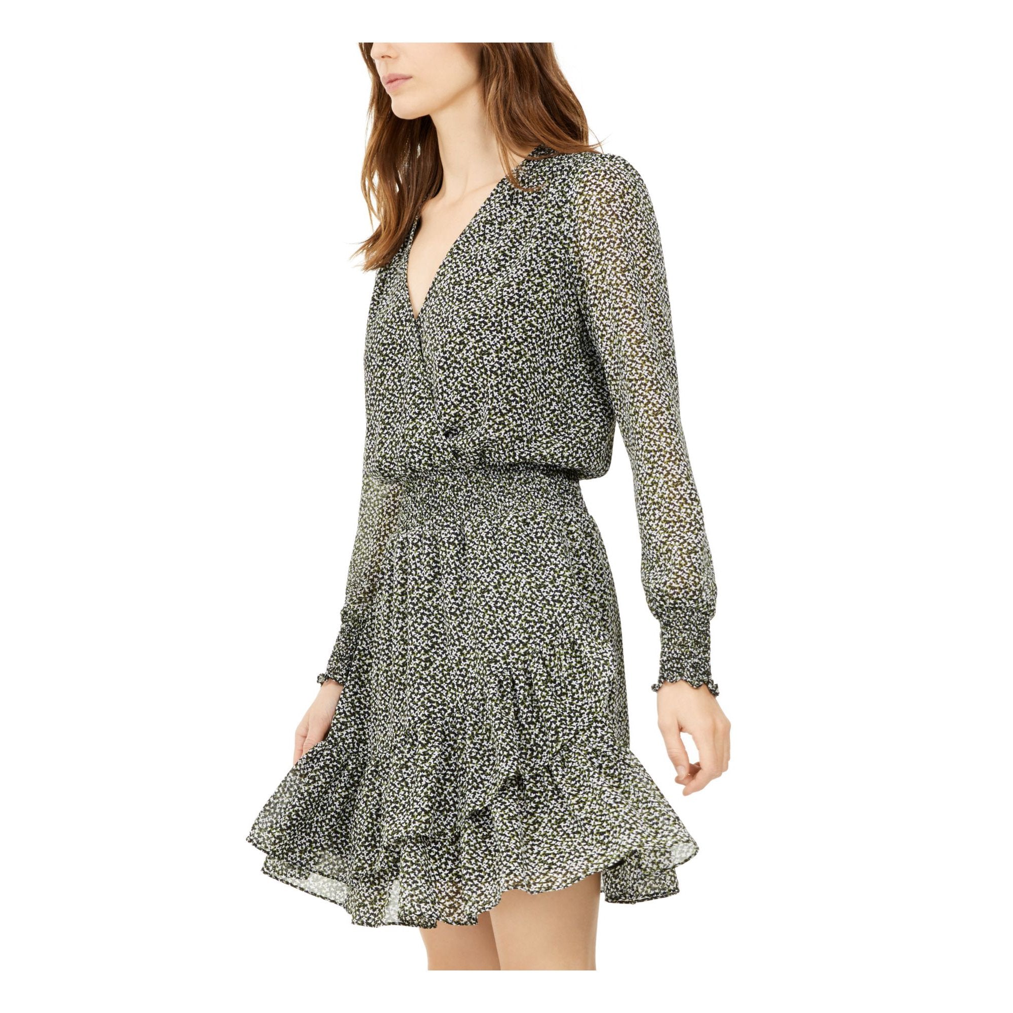 Michael Kors Women's Black Green Floral Print Faux Wrap Dress