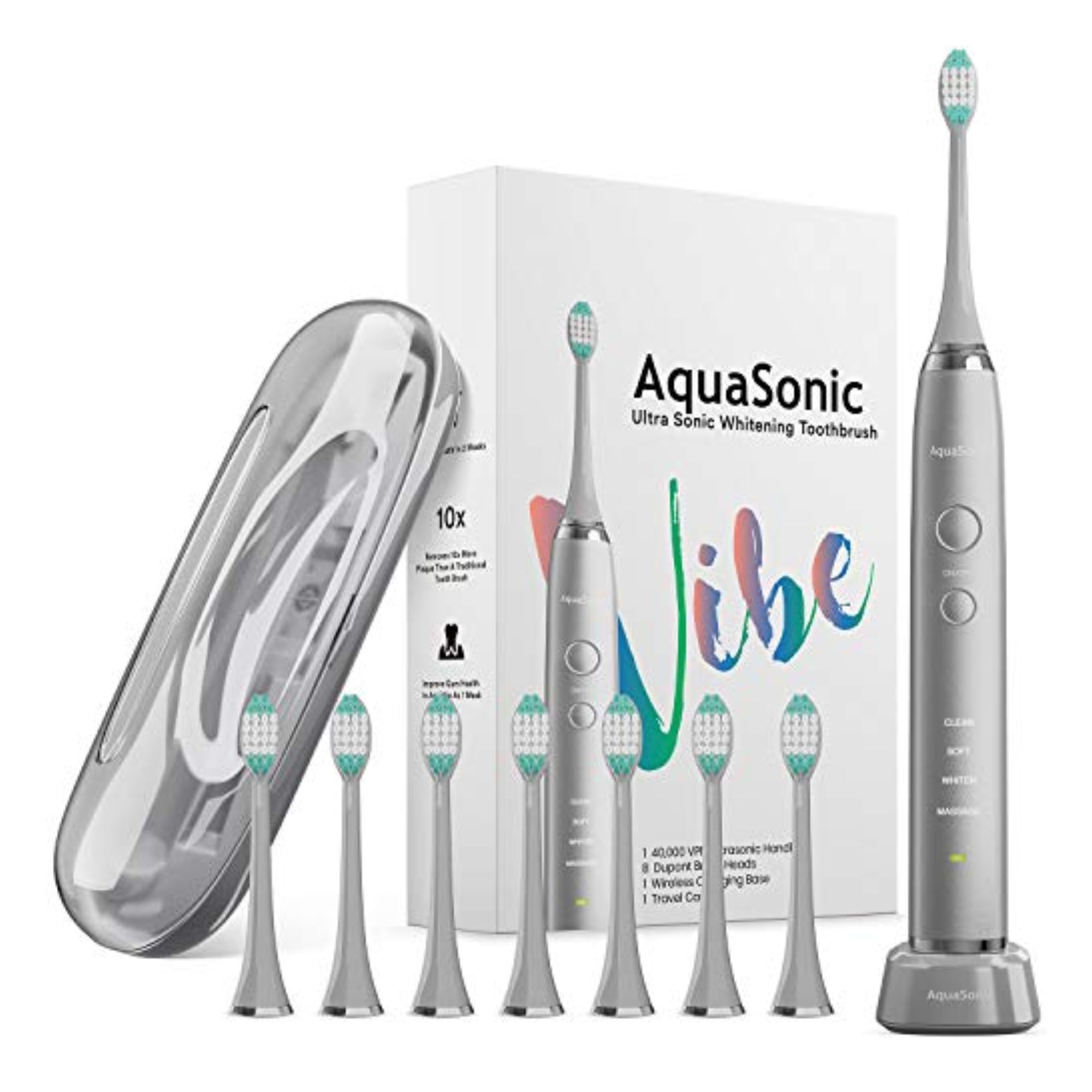 AquaSonic Vibe Ultra Electric Toothbrush – Pink, 8 Brush Heads, Travel Case, Timer, Wireless Charge