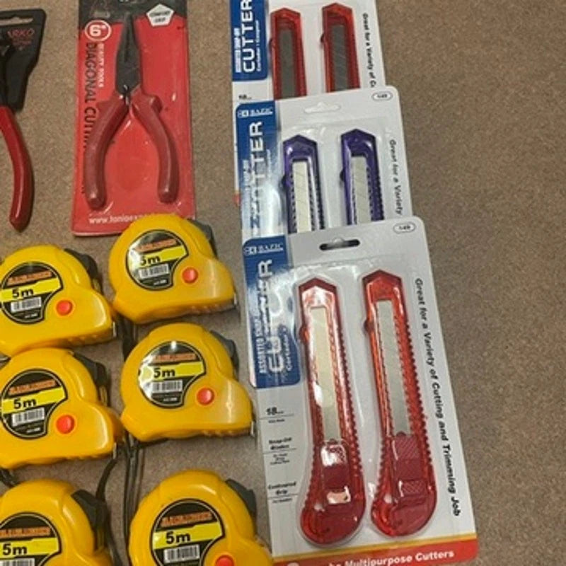 28-Piece Wholesale Tool Lot – Box Cutters, Wire Cutters, Measuring Tapes, Phillips Screwdrivers, Needle Nose Pliers