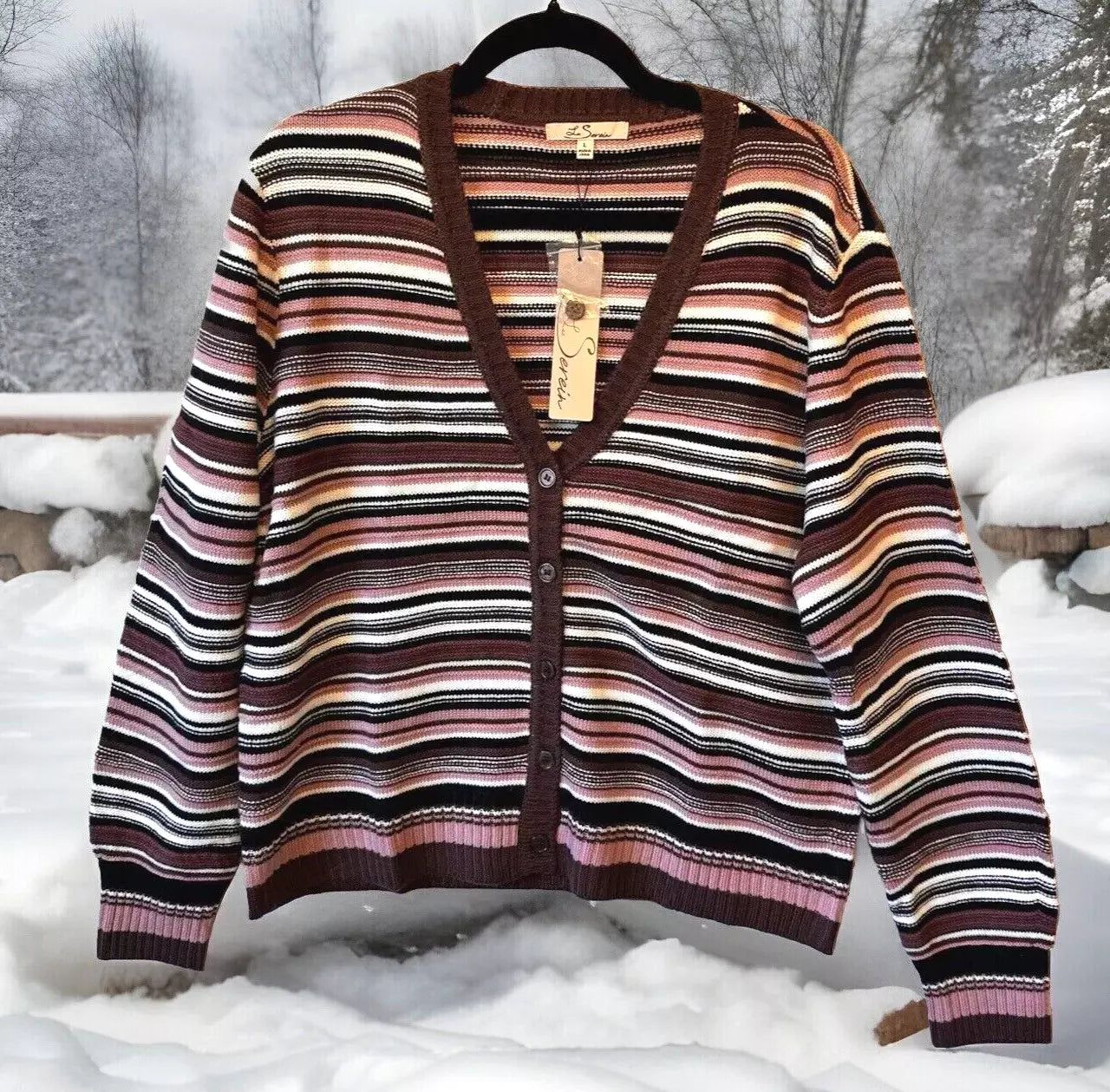 Les Serein Button Up Striped Stretchy Sweater - Size Medium