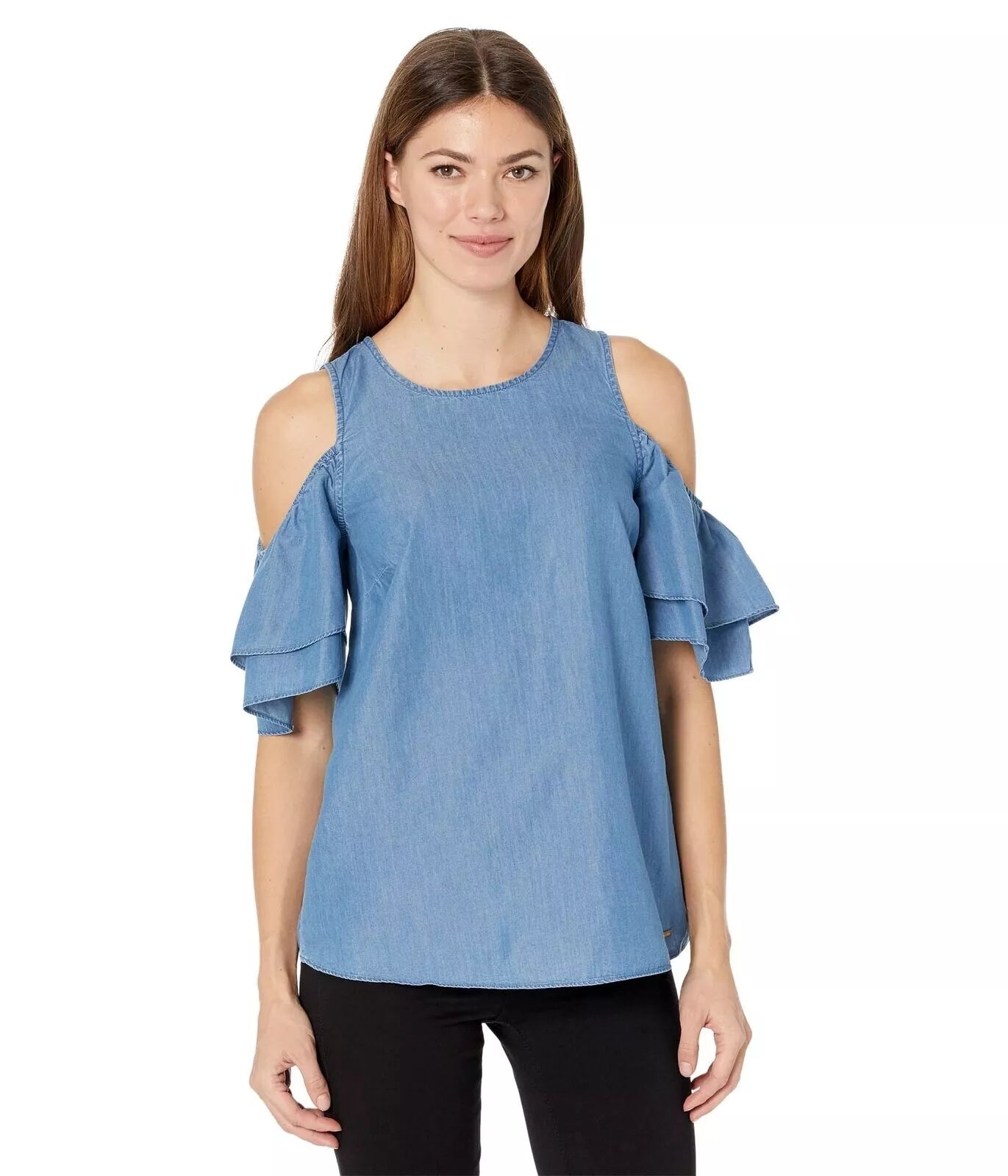 Michael Kors Tiered-Sleeve Cold-Shoulder Denim-Like Top - Size XS
