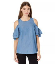 Michael Kors Tiered-Sleeve Cold-Shoulder Denim-Like Top - Size XS
