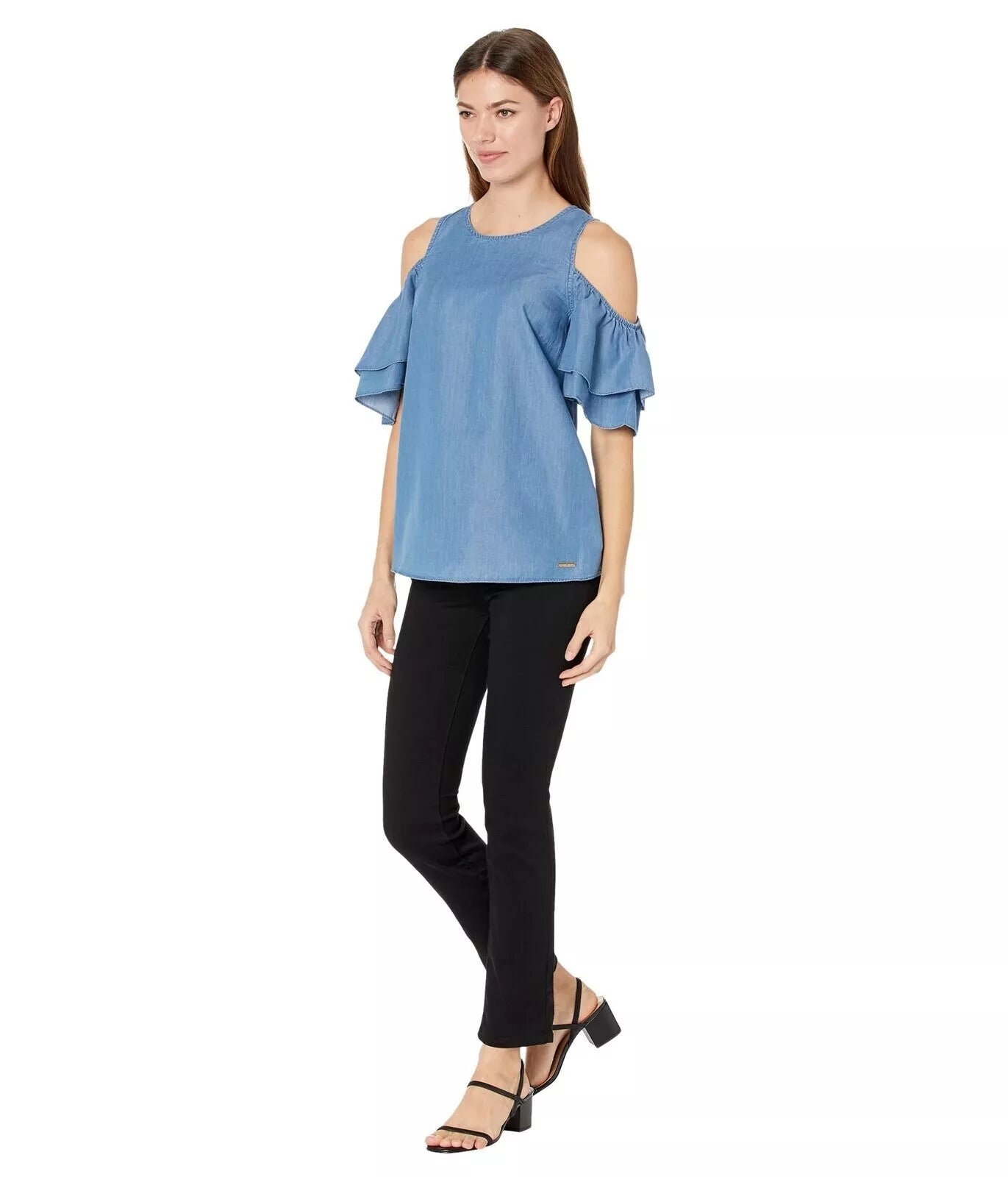 Michael Kors Tiered-Sleeve Cold-Shoulder Denim-Like Top - Size XS