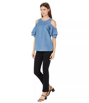 Michael Kors Tiered-Sleeve Cold-Shoulder Denim-Like Top - Size XS