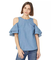 Michael Kors Tiered-Sleeve Cold-Shoulder Denim-Like Top - Size XS