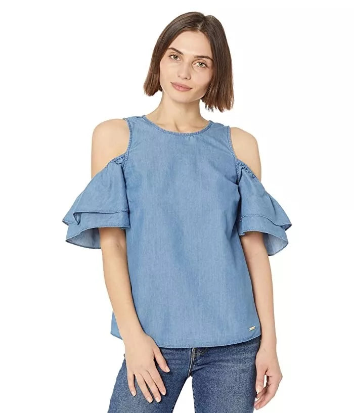 Michael Kors Tiered-Sleeve Cold-Shoulder Denim-Like Top - Size XS
